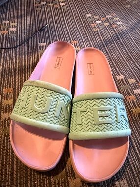 Hunter Pink Footbed with Mint Green Branded Slide Sandals